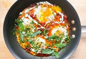 Low FODMAP Eggs in Tomato Sauce With Herbed Yogurt Recipe Image